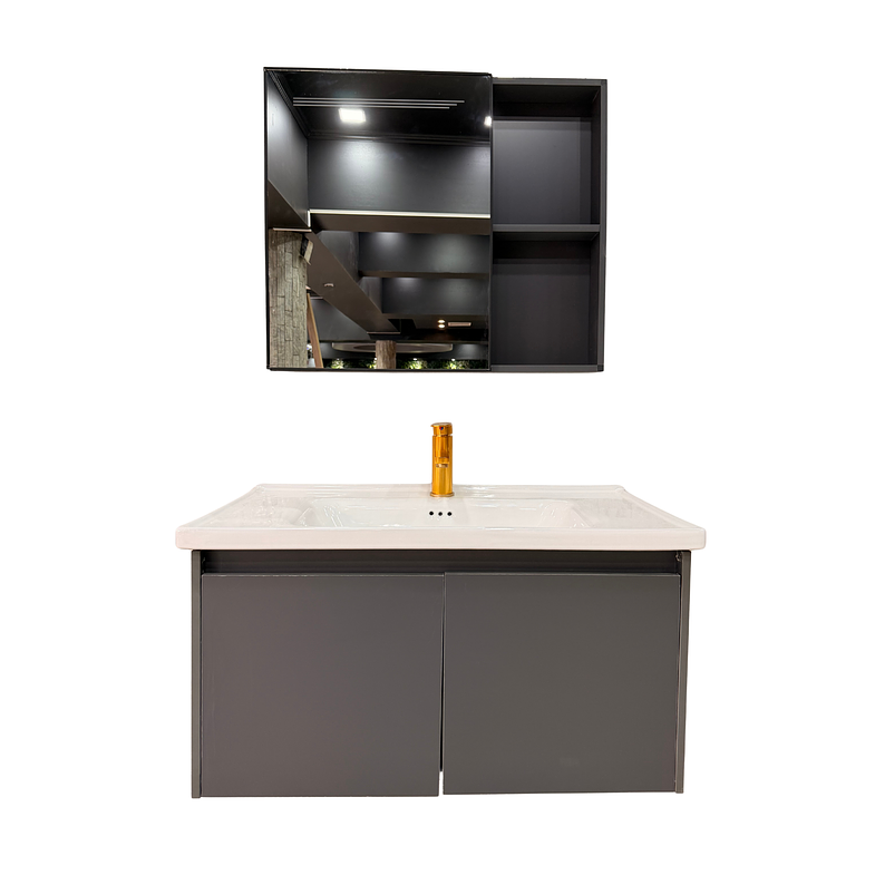 Vanitorio Flotante Completo 60cm Botiquin y Espejo Led Gris Oscuro 6