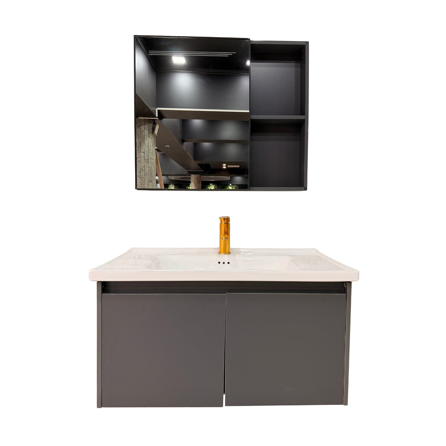 Vanitorio Flotante Completo 80 cm Botiquín y Espejo Led Gris Oscuro 1