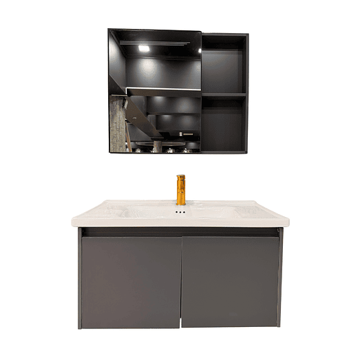 Vanitorio Flotante Completo 80 cm Botiquín y Espejo Led Gris Oscuro 1