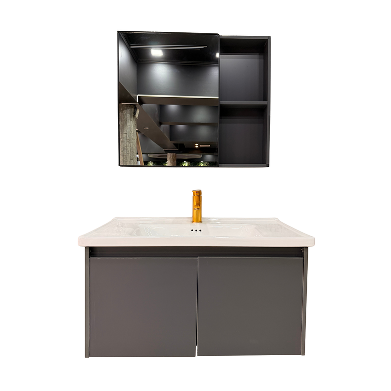 Vanitorio Flotante Completo 80 cm Botiquín y Espejo Led Gris Oscuro 1