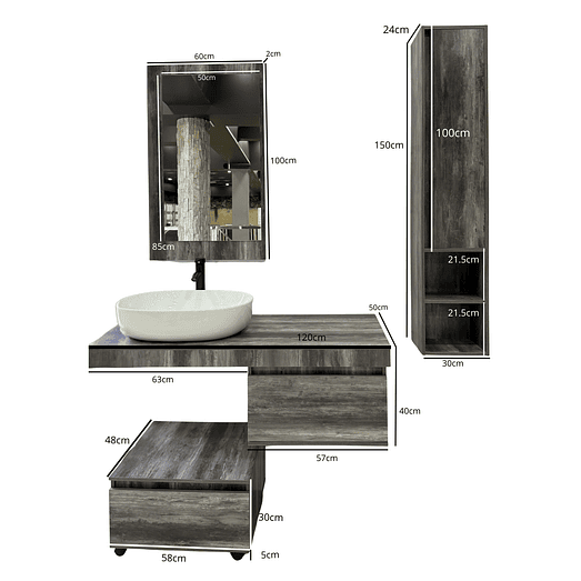 Mueble Vanitorio Flotante+ Estante + Mueble + Espejo y Lavamanos 3