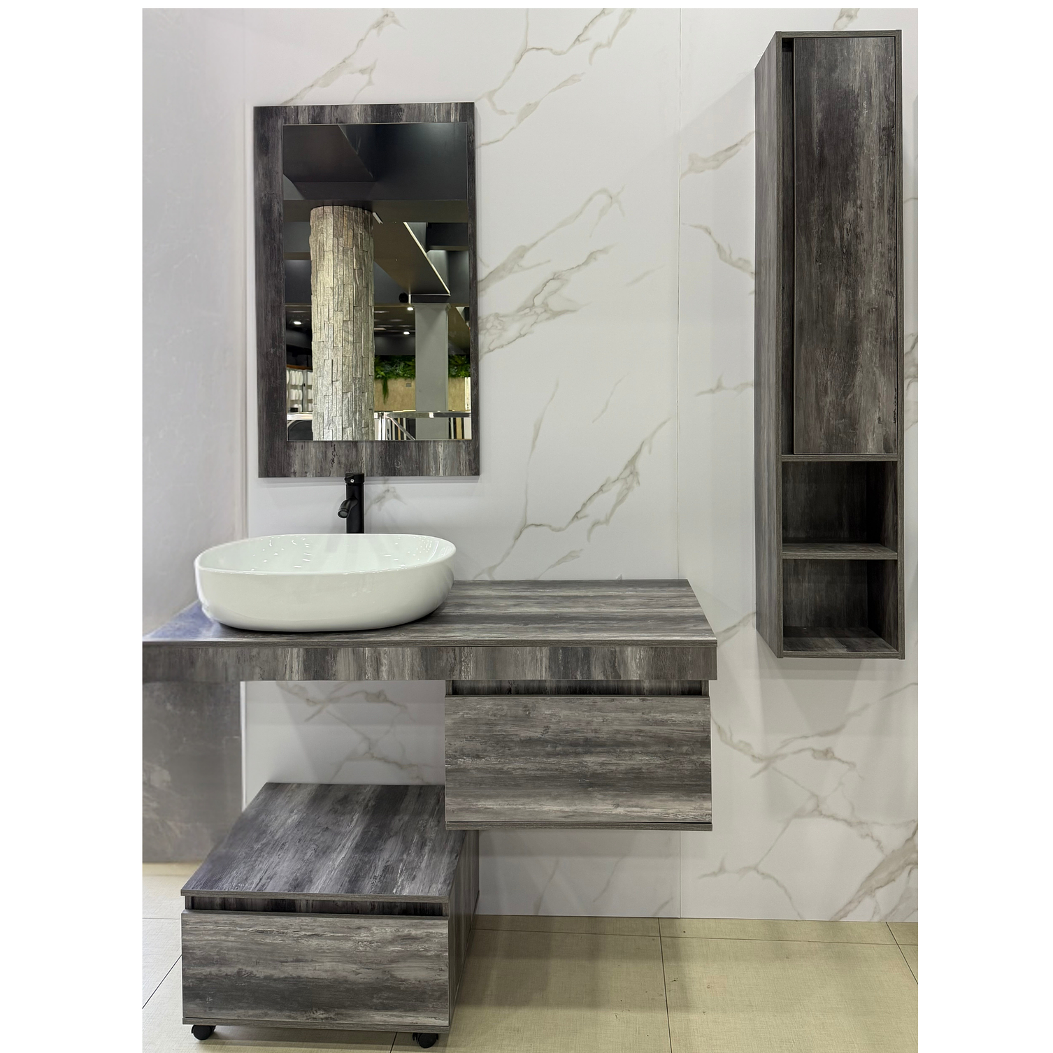 Mueble Vanitorio Flotante Completo Con Espejo, Estante y Mueble Auxiliar 2