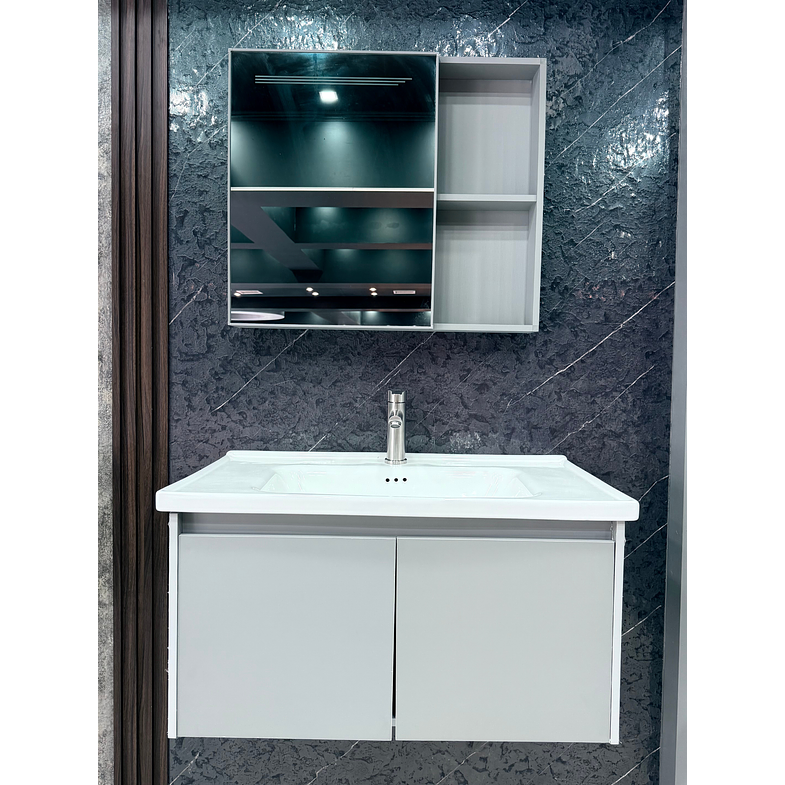 Vanitorio Flotante Completo 60 cm Botiquín y Espejo Led Gris Claro 2