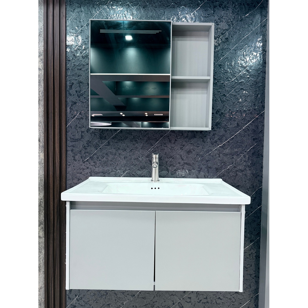 Vanitorio Flotante Completo 80 cm Botiquín y Espejo Led Gris Claro 3