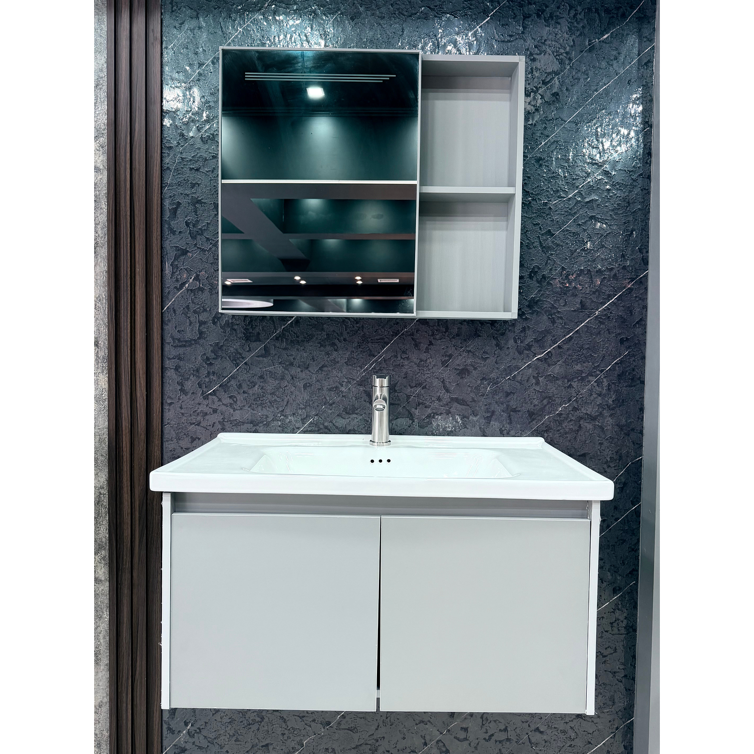 Vanitorio Flotante Completo 80 cm Botiquín y Espejo Led Gris Claro 3