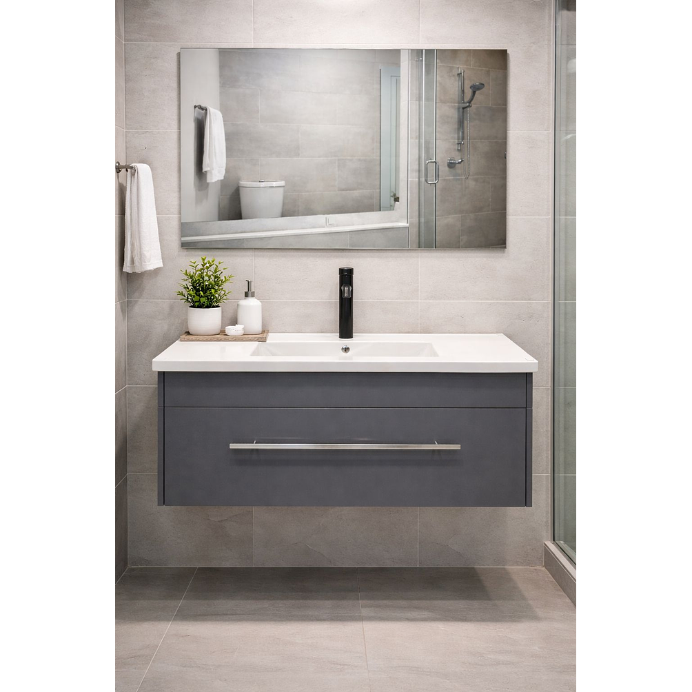 Mueble Vanitorio Flotante Con Espejo Gris 3