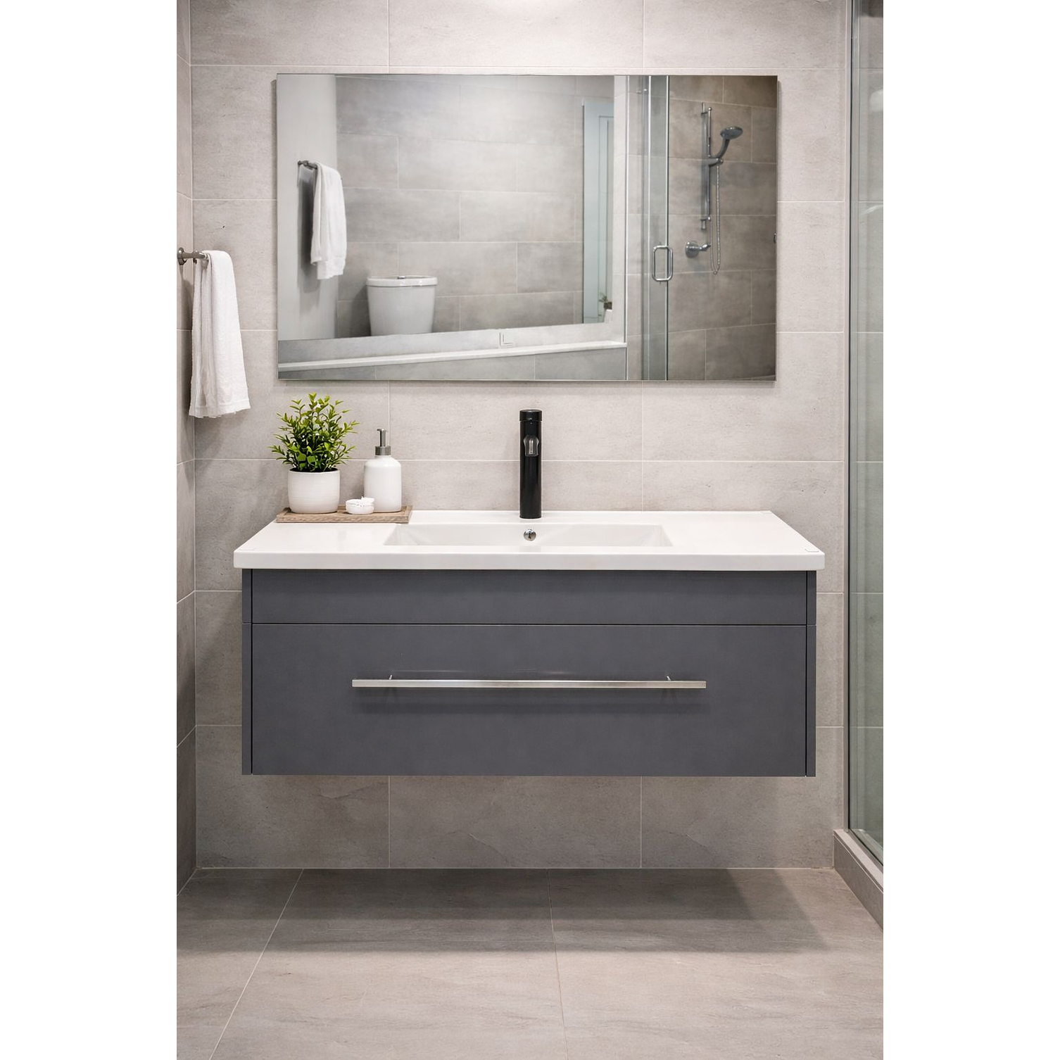 Mueble Vanitorio Flotante Con Espejo Gris 3