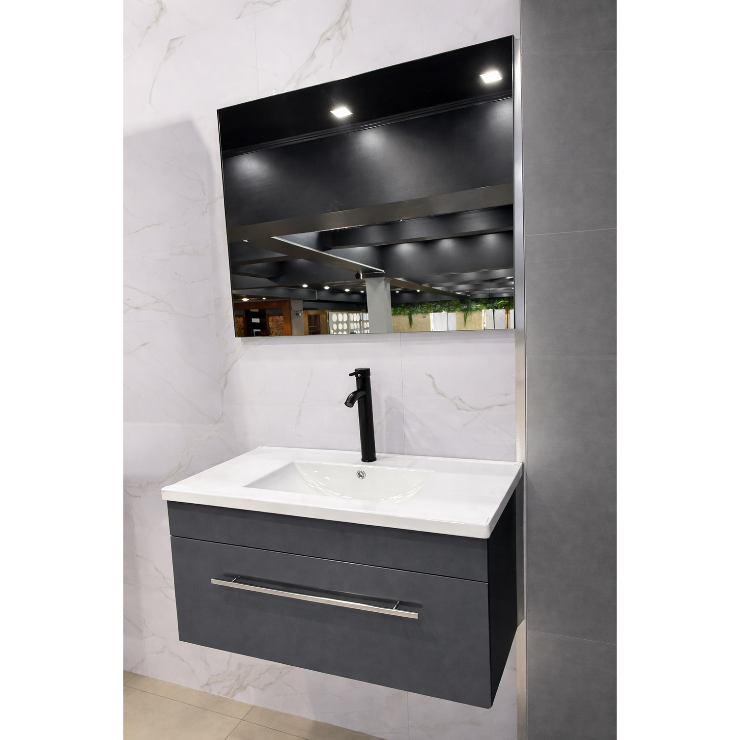 Mueble Vanitorio Flotante Con Espejo Gris 5