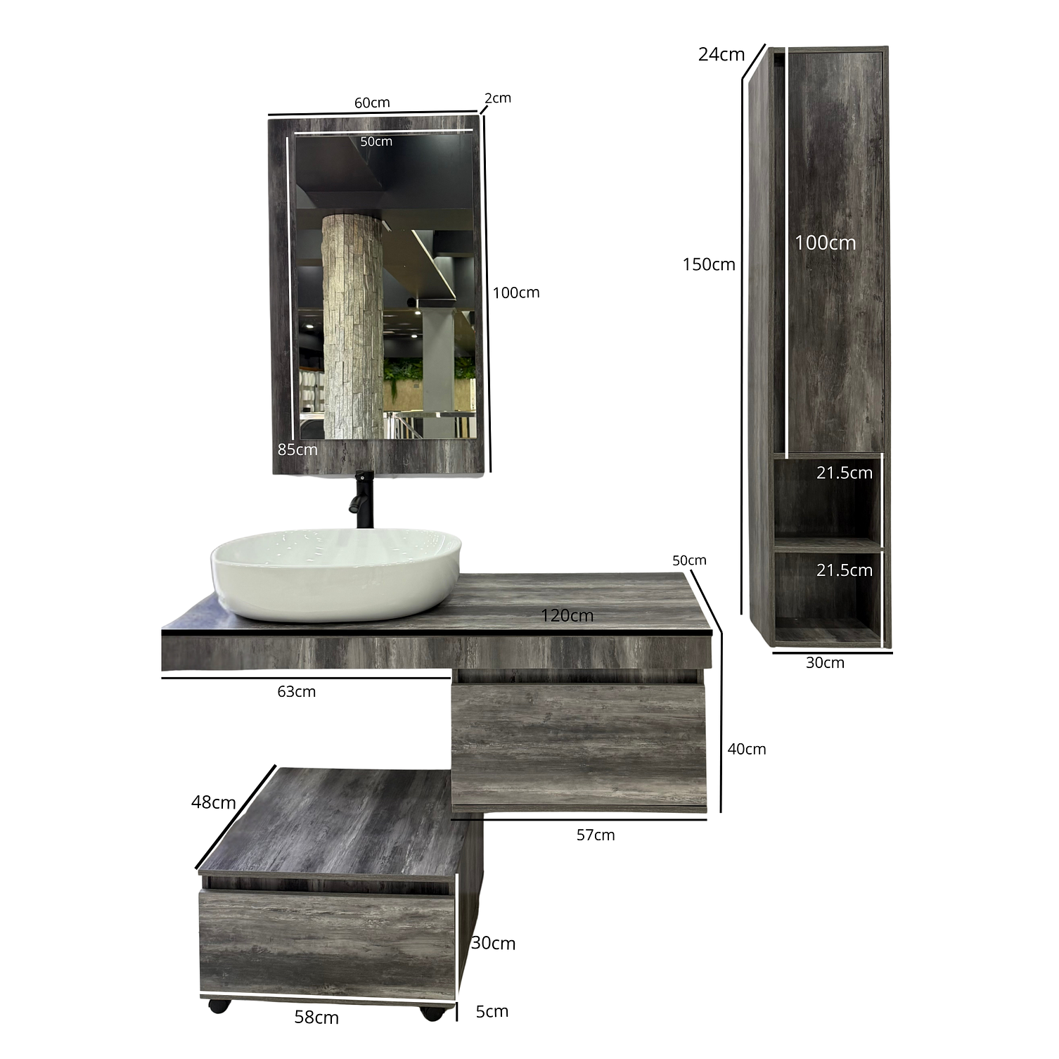 Mueble Vanitorio Flotante Completo Con Espejo, Estante y Mueble Auxiliar 7