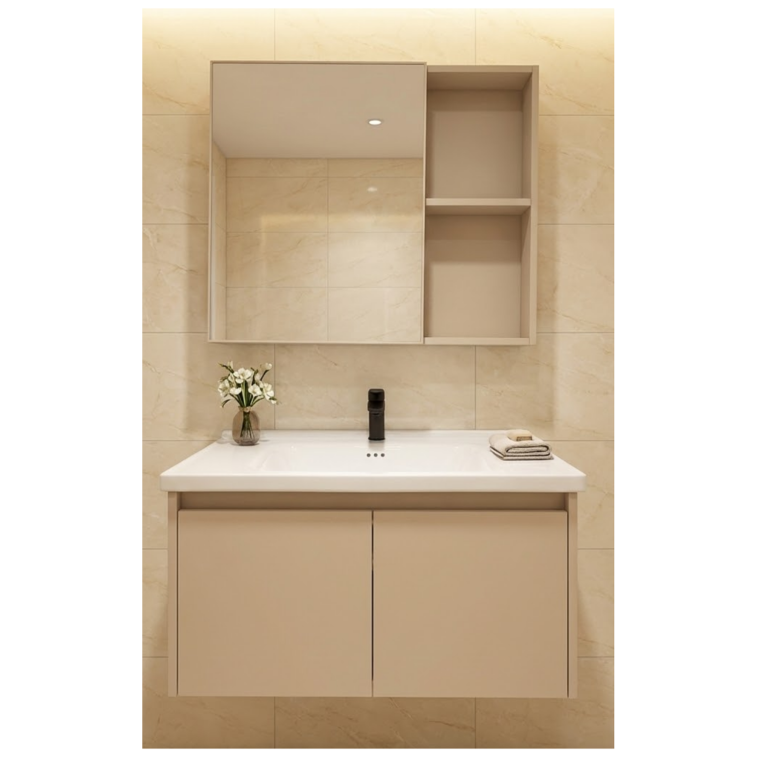 Vanitorio Flotante Completo 60 cm Botiquín y Espejo Led Caqui 6