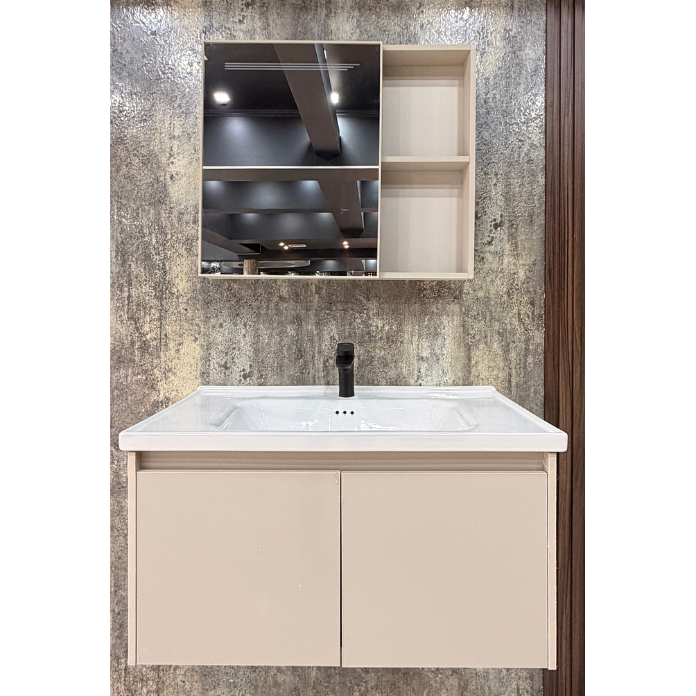 Vanitorio Flotante Completo 60 cm Botiquín y Espejo Led Caqui 3