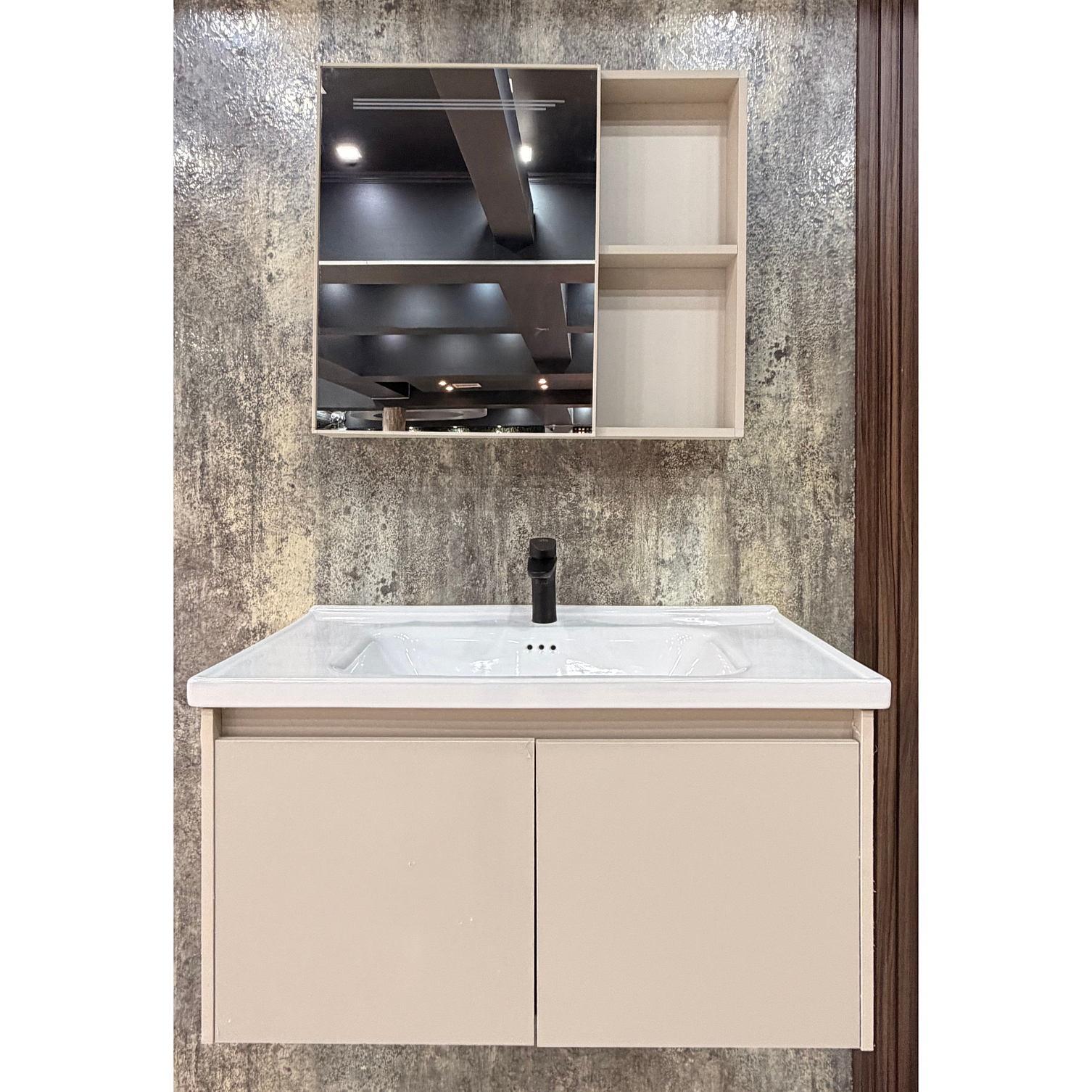 Vanitorio Flotante Completo 60 cm Botiquín y Espejo Led Caqui 3