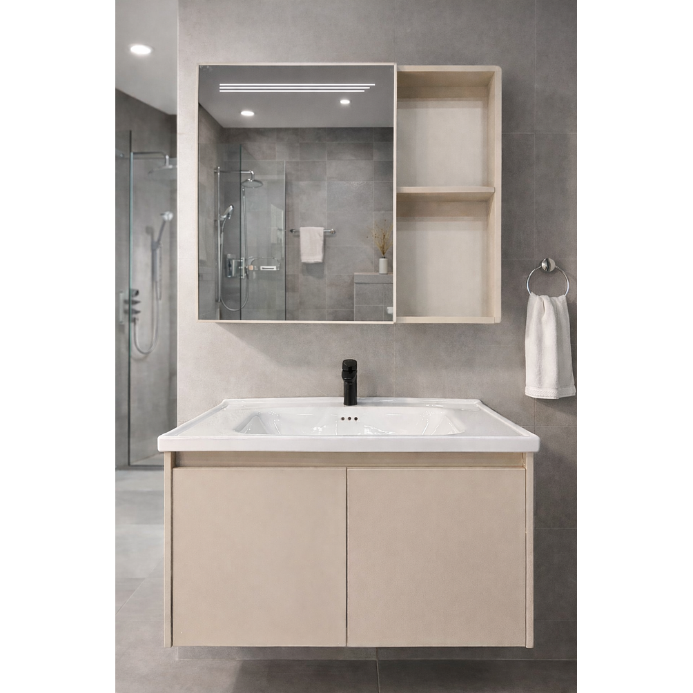 Vanitorio Flotante Completo 80 cm Botiquín y Espejo Led Caqui 2