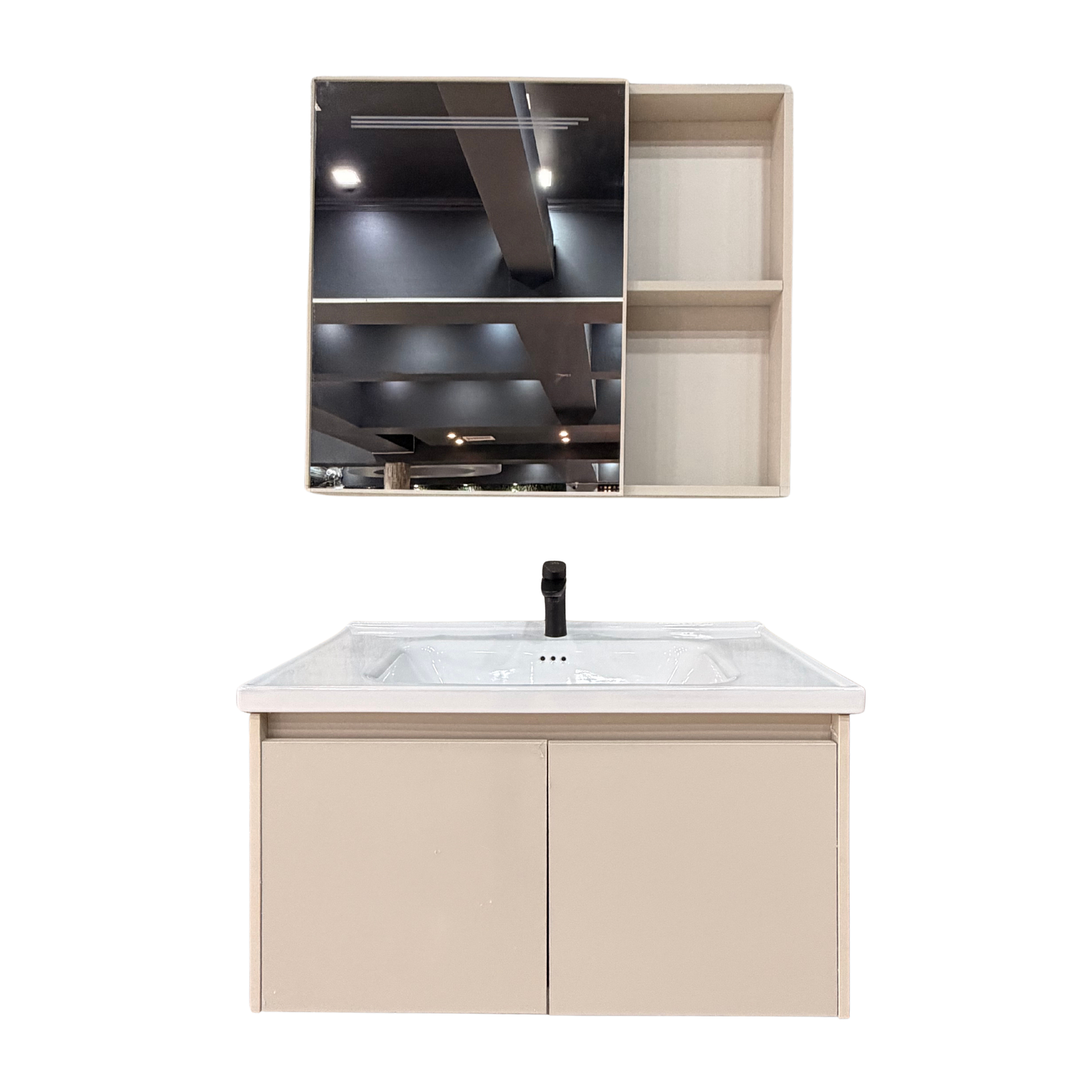 Vanitorio Flotante Completo 60 cm Botiquín y Espejo Led Caqui 1