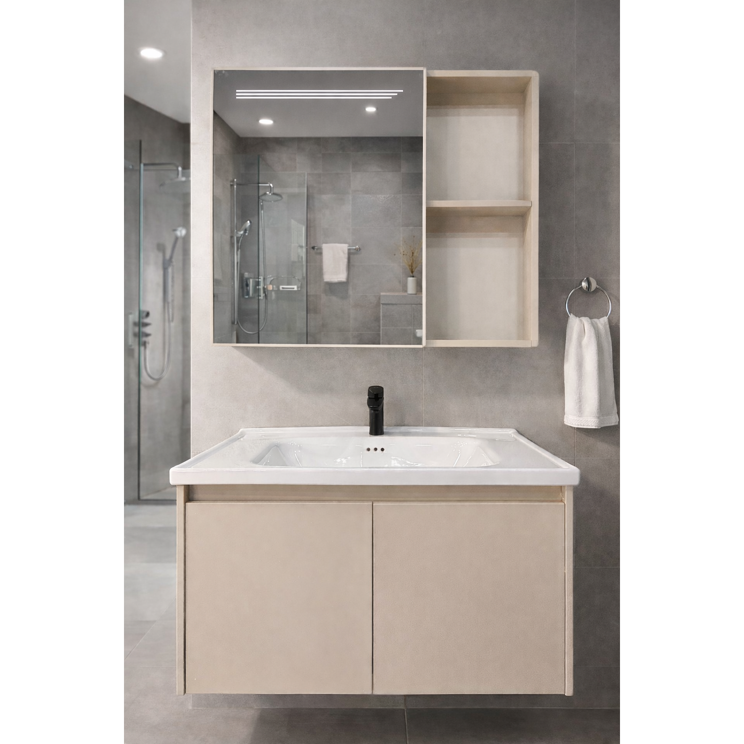 Vanitorio Flotante Completo 60 cm Botiquín y Espejo Led Caqui 2