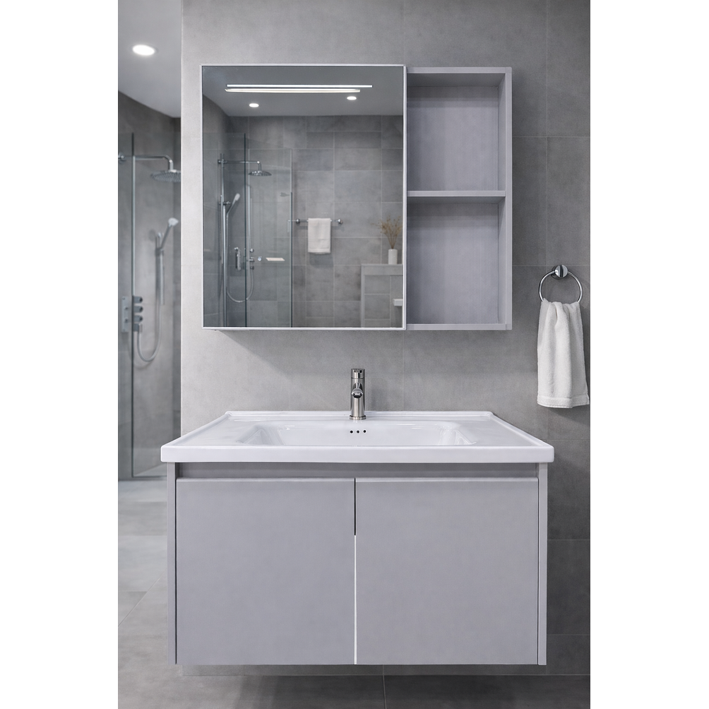 Vanitorio Flotante Completo 80 cm Botiquín y Espejo Led Gris Claro 2