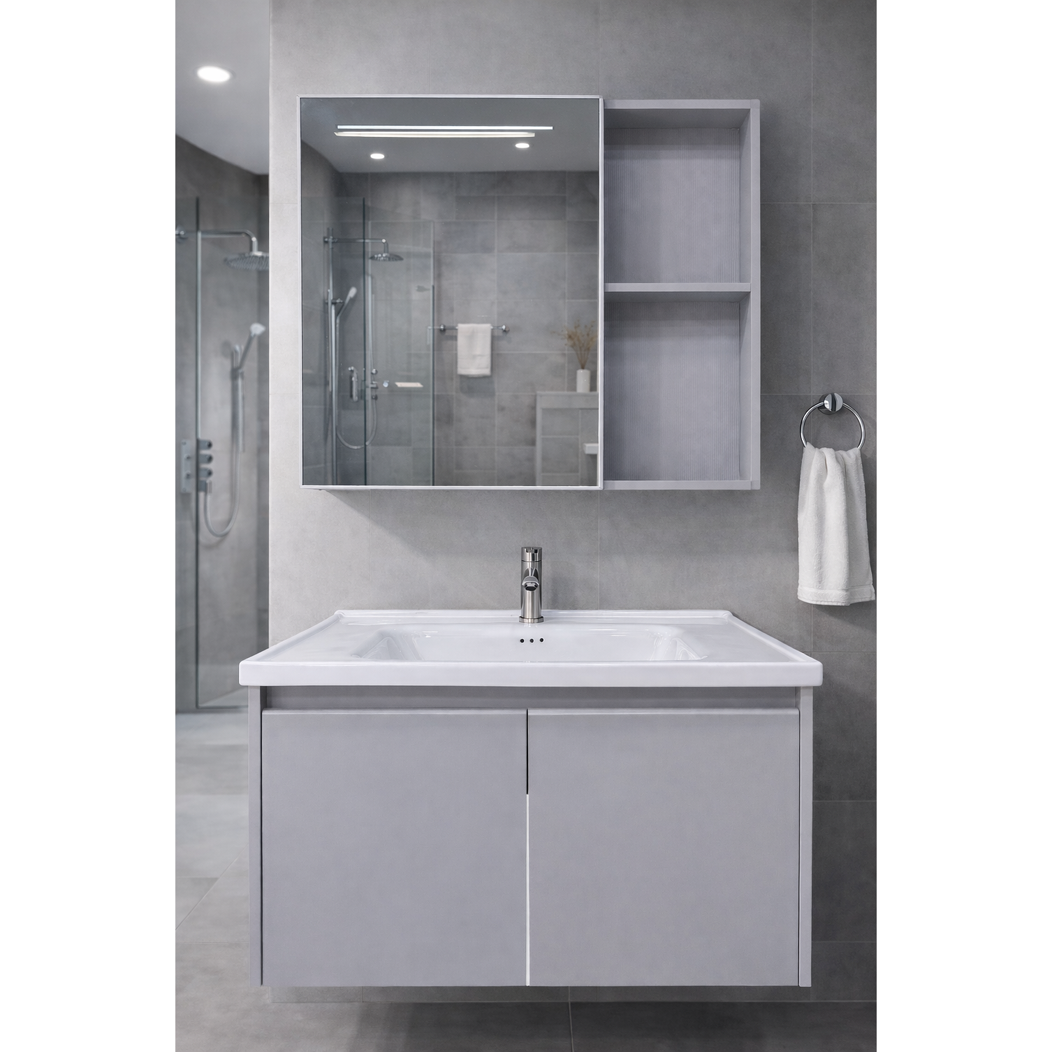Vanitorio Flotante Completo 80 cm Botiquín y Espejo Led Gris Claro 2