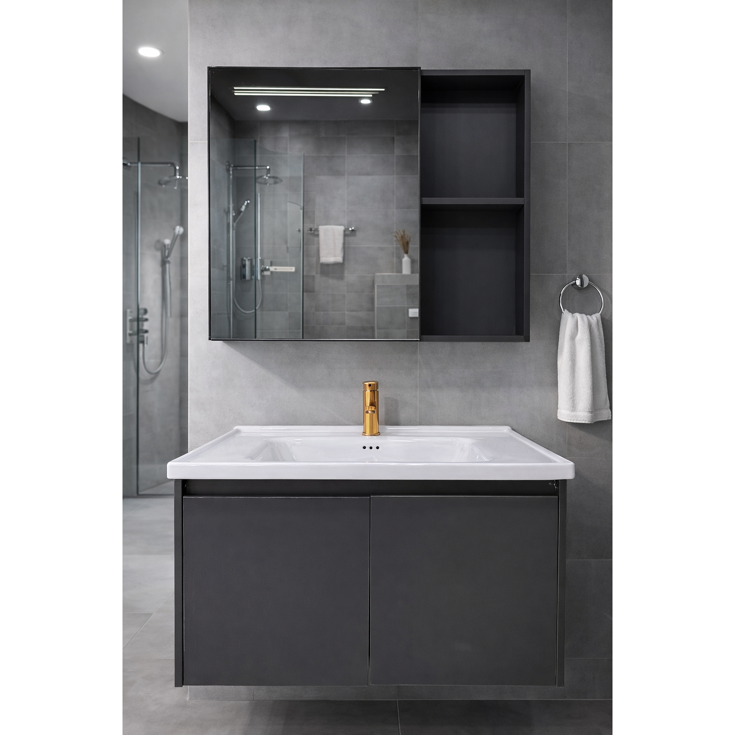 Vanitorio Flotante Completo 60 cm Botiquin y Espejo Led Gris Oscuro 2