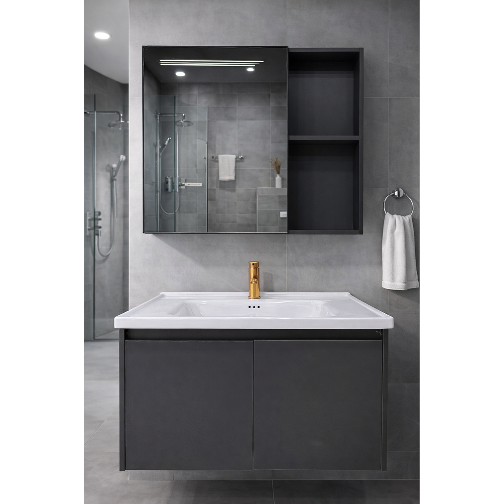 Vanitorio Flotante Completo 80 cm Botiquín y Espejo Led Gris Oscuro 2