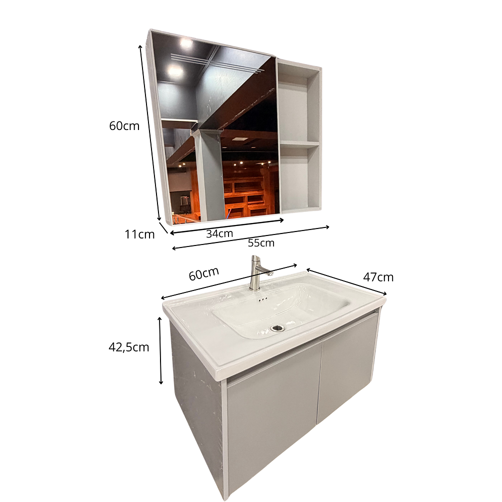 Vanitorio Flotante Completo 60 cm Botiquín y Espejo Led Gris Claro 5