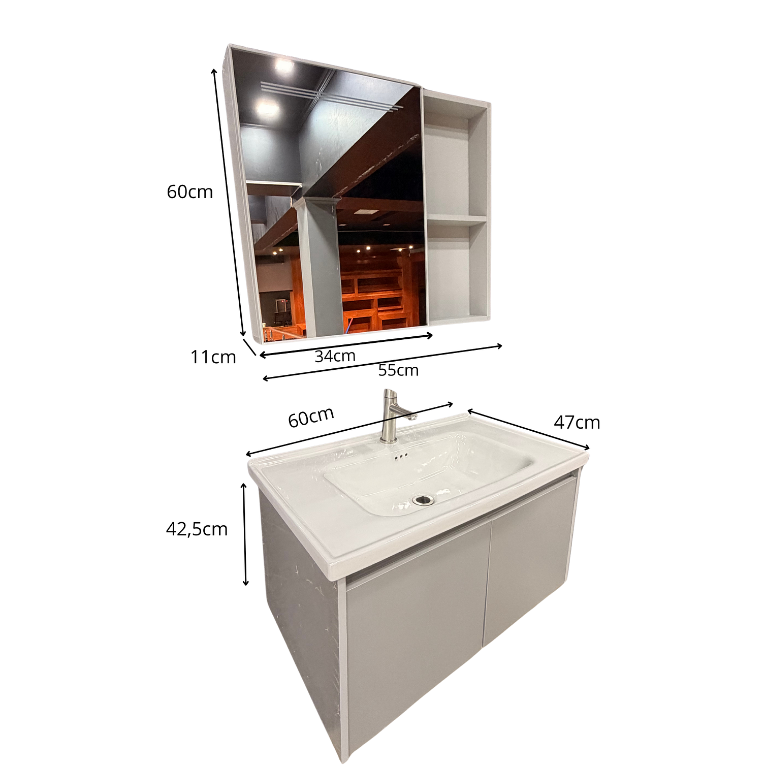 Vanitorio Flotante Completo 60 cm Botiquín y Espejo Led Gris Claro 5