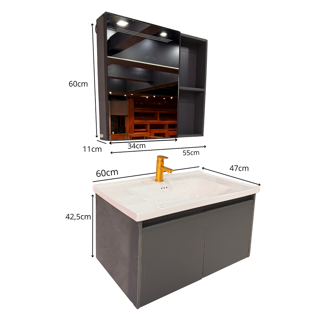 Vanitorio Flotante Completo 60 cm Botiquin y Espejo Led Gris Oscuro 7