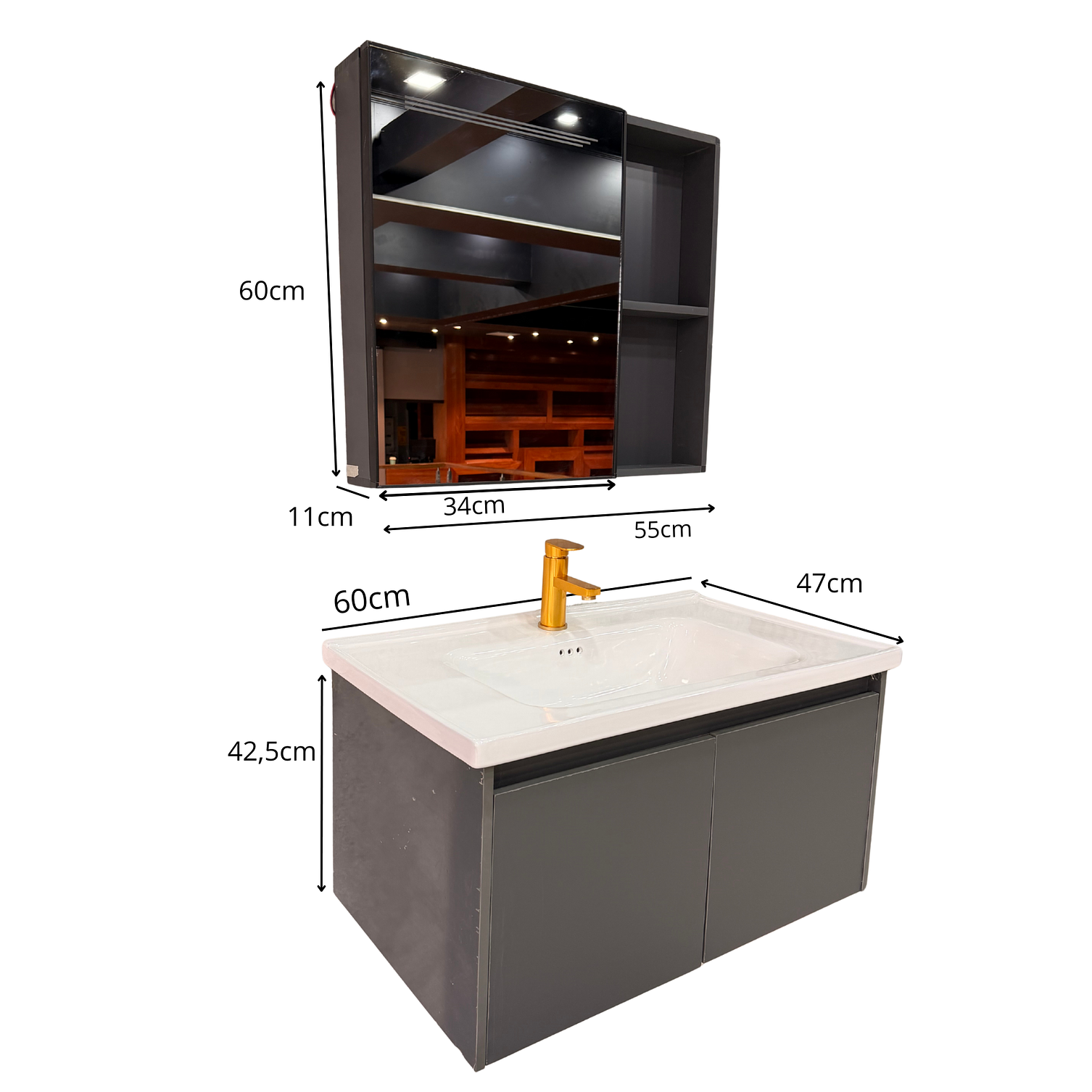 Vanitorio Flotante Completo 60 cm Botiquin y Espejo Led Gris Oscuro 7