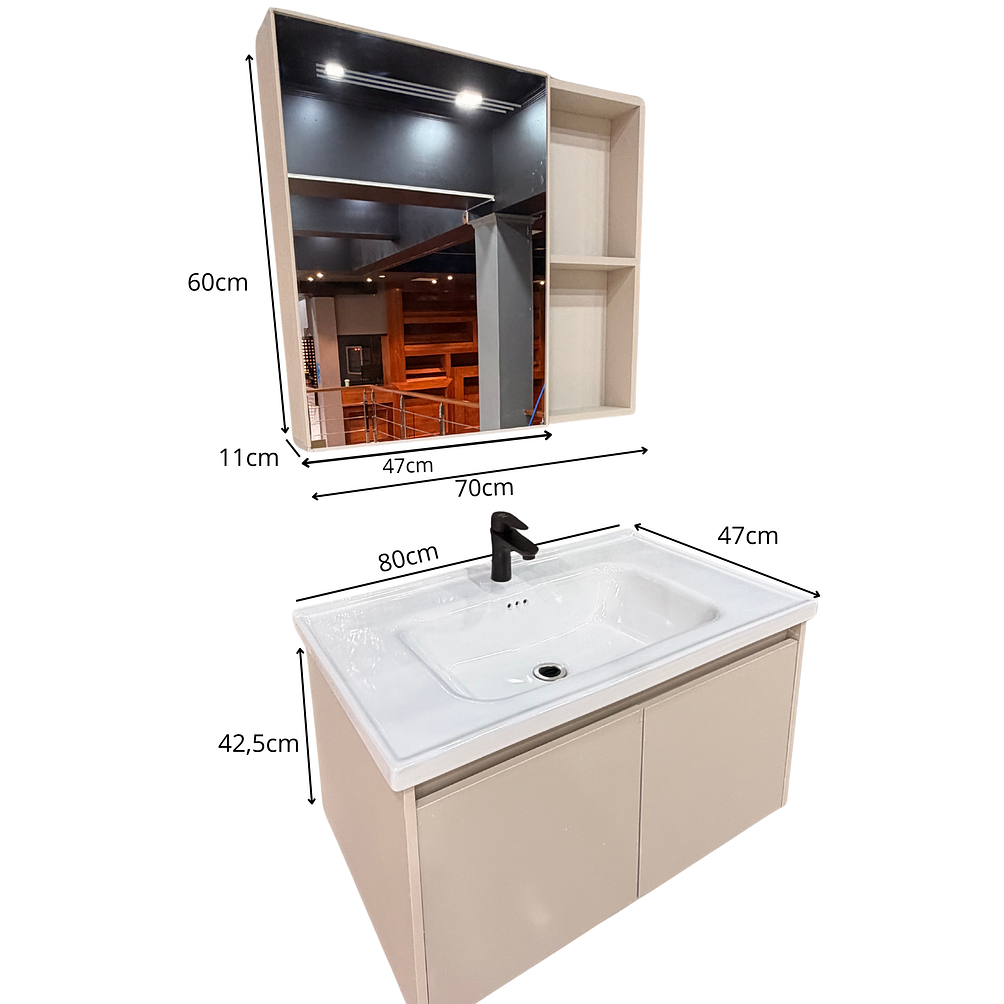 Vanitorio Flotante Completo 80 cm Botiquín y Espejo Led Caqui 6