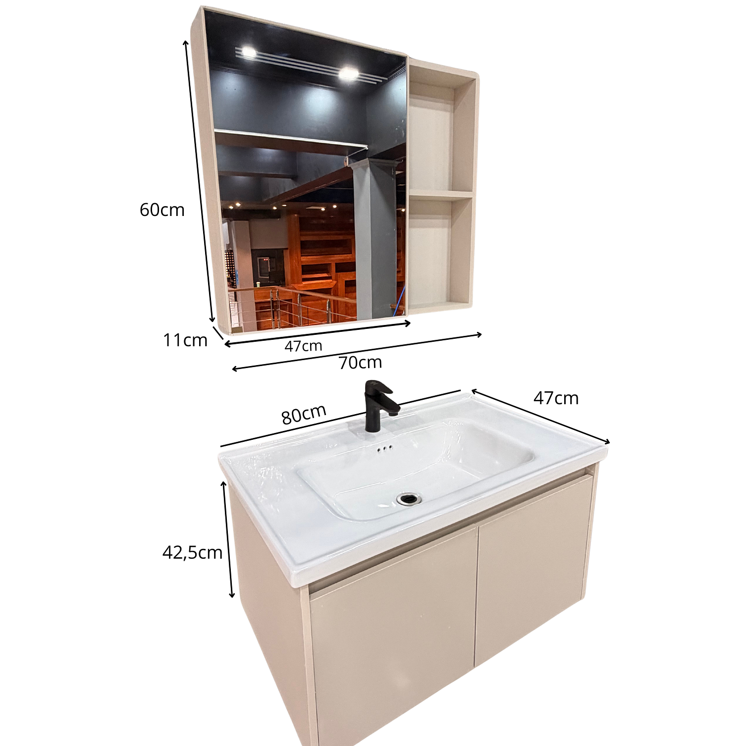 Vanitorio Flotante Completo 80 cm Botiquín y Espejo Led Caqui 6