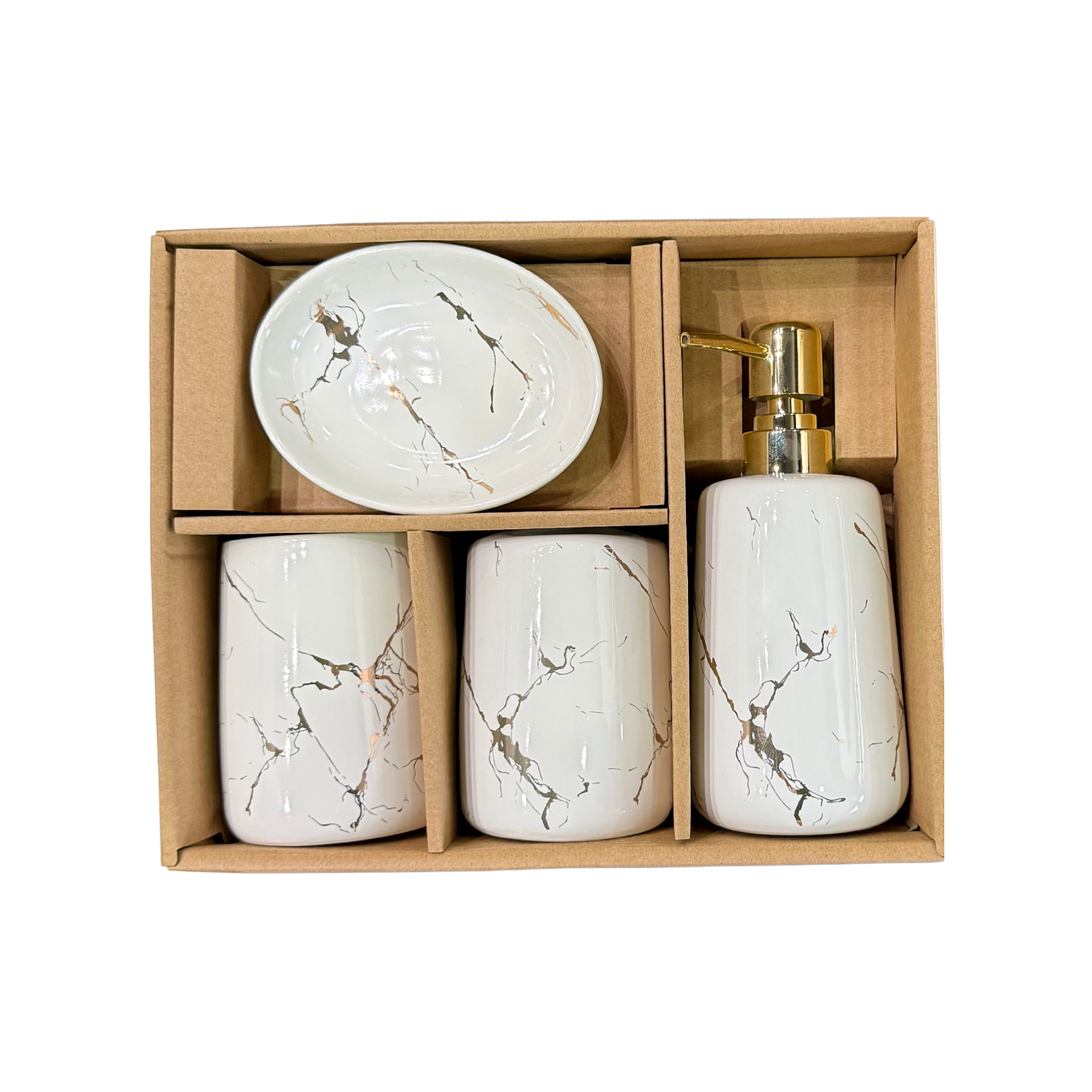 Set Accesorios de Baño 4 Piezas Cerámica Blanco Marmoleado – Dispensador y Porta Cepillos 3