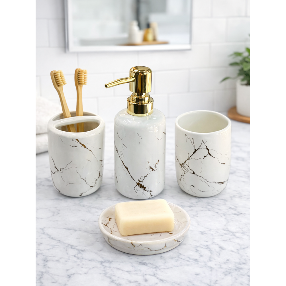 Set Accesorios de Baño 4 Piezas Cerámica Blanco Marmoleado – Dispensador y Porta Cepillos 2