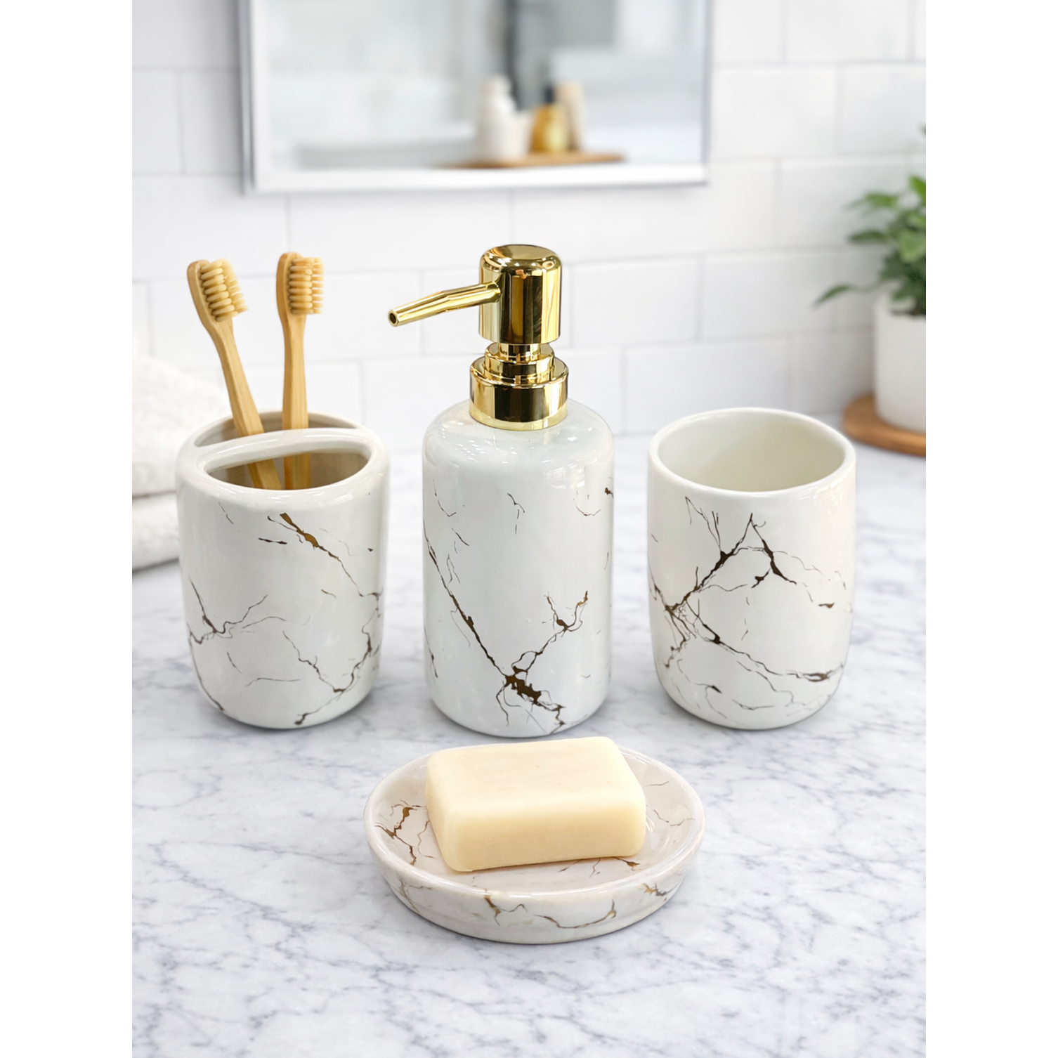 Set Accesorios de Baño 4 Piezas Cerámica Blanco Marmoleado – Dispensador y Porta Cepillos 2
