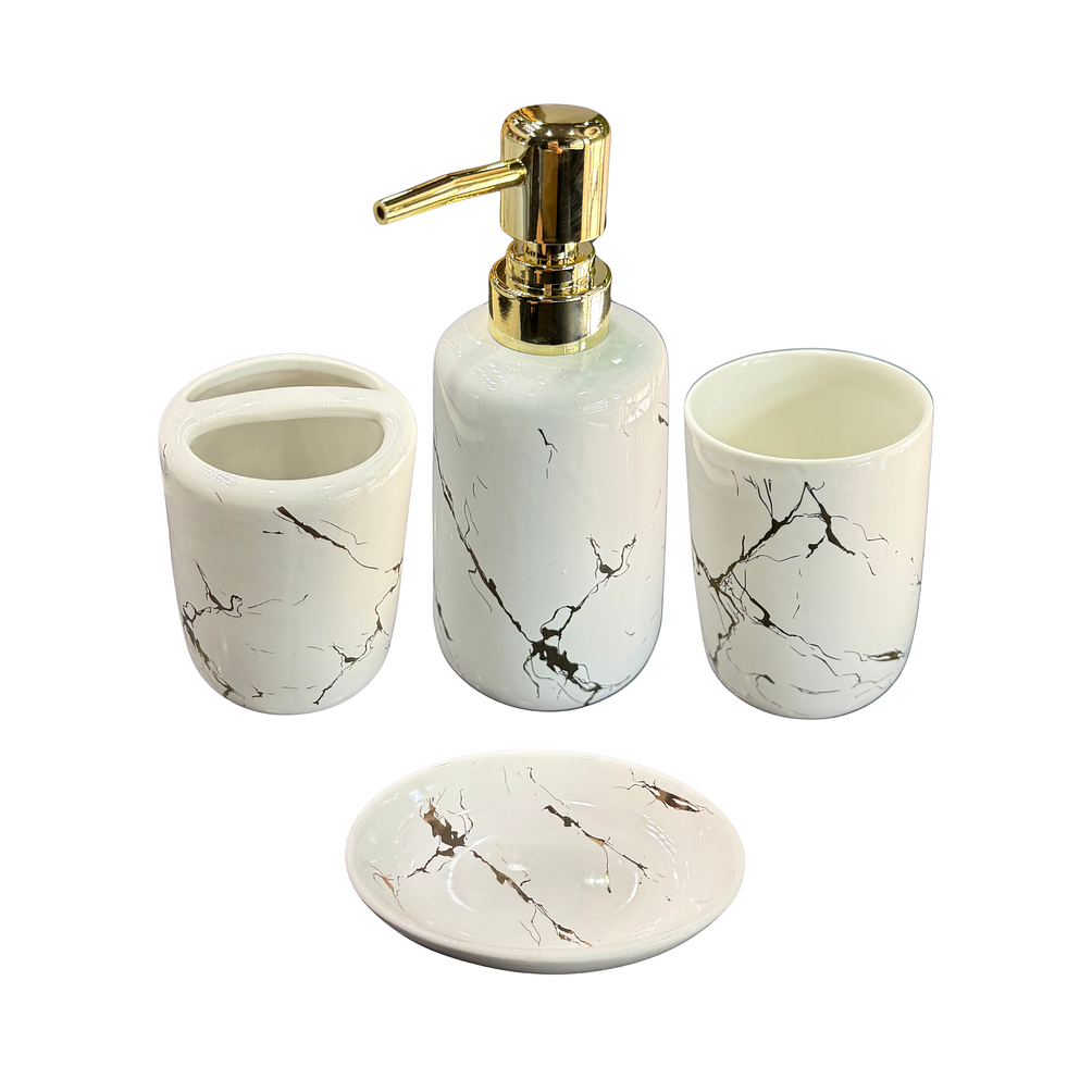 Set Accesorios de Baño 4 Piezas Cerámica Blanco Marmoleado – Dispensador y Porta Cepillos 1