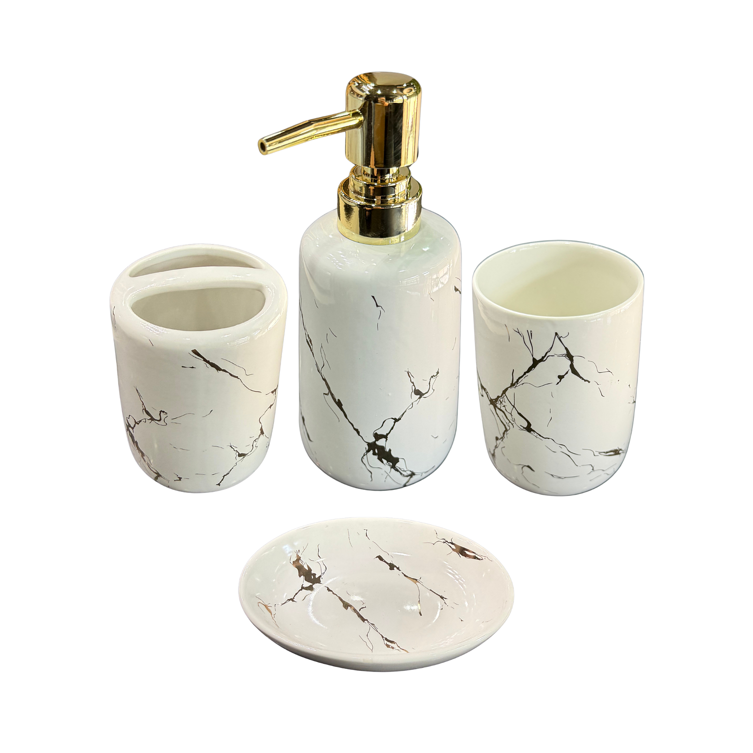 Set Accesorios de Baño 4 Piezas Cerámica Blanco Marmoleado – Dispensador y Porta Cepillos 1