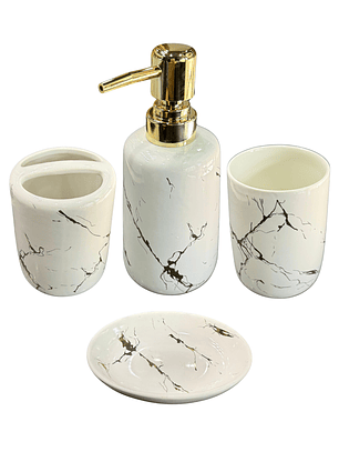 Set Accesorios de Baño 4 Piezas Cerámica Blanco Marmoleado – Dispensador y Porta Cepillos