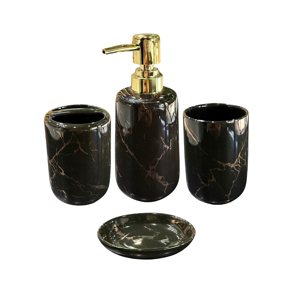 Set Accesorios de Baño 4 Piezas Cerámica Negro Marmoleado – Dispensador y Porta Cepillos 1