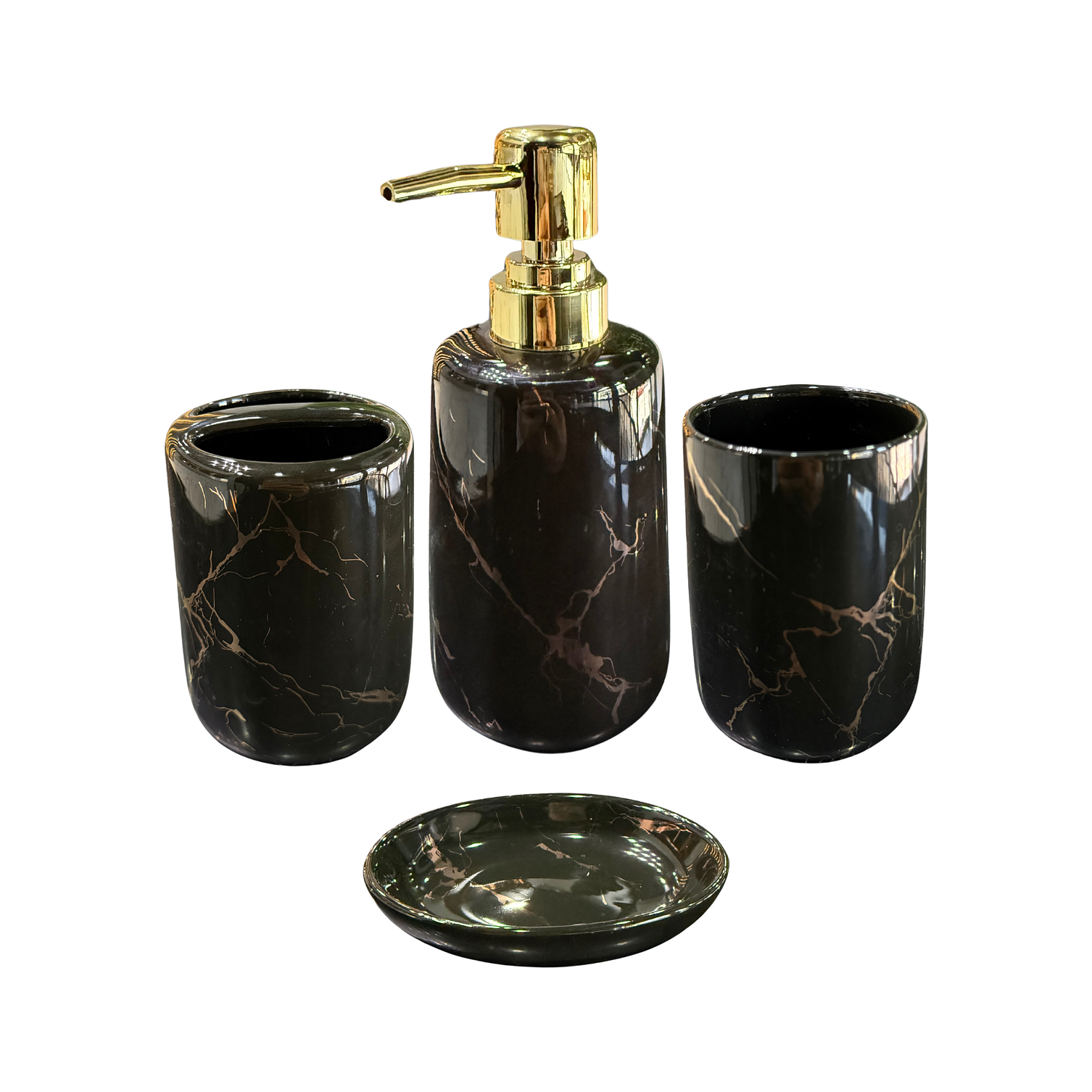 Set Accesorios de Baño 4 Piezas Cerámica Negro Marmoleado – Dispensador y Porta Cepillos 1