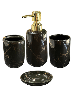 Set Accesorios de Baño 4 Piezas Cerámica Negro Marmoleado – Dispensador y Porta Cepillos