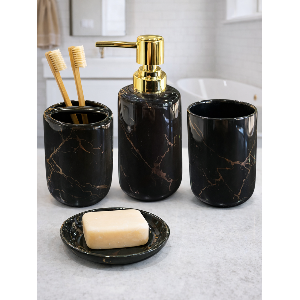 Set Accesorios de Baño 4 Piezas Cerámica Negro Marmoleado – Dispensador y Porta Cepillos 2