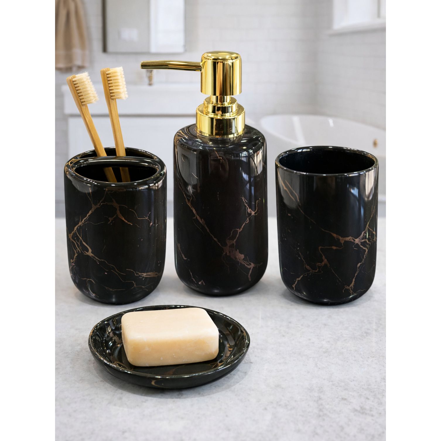Set Accesorios de Baño 4 Piezas Cerámica Negro Marmoleado – Dispensador y Porta Cepillos 2