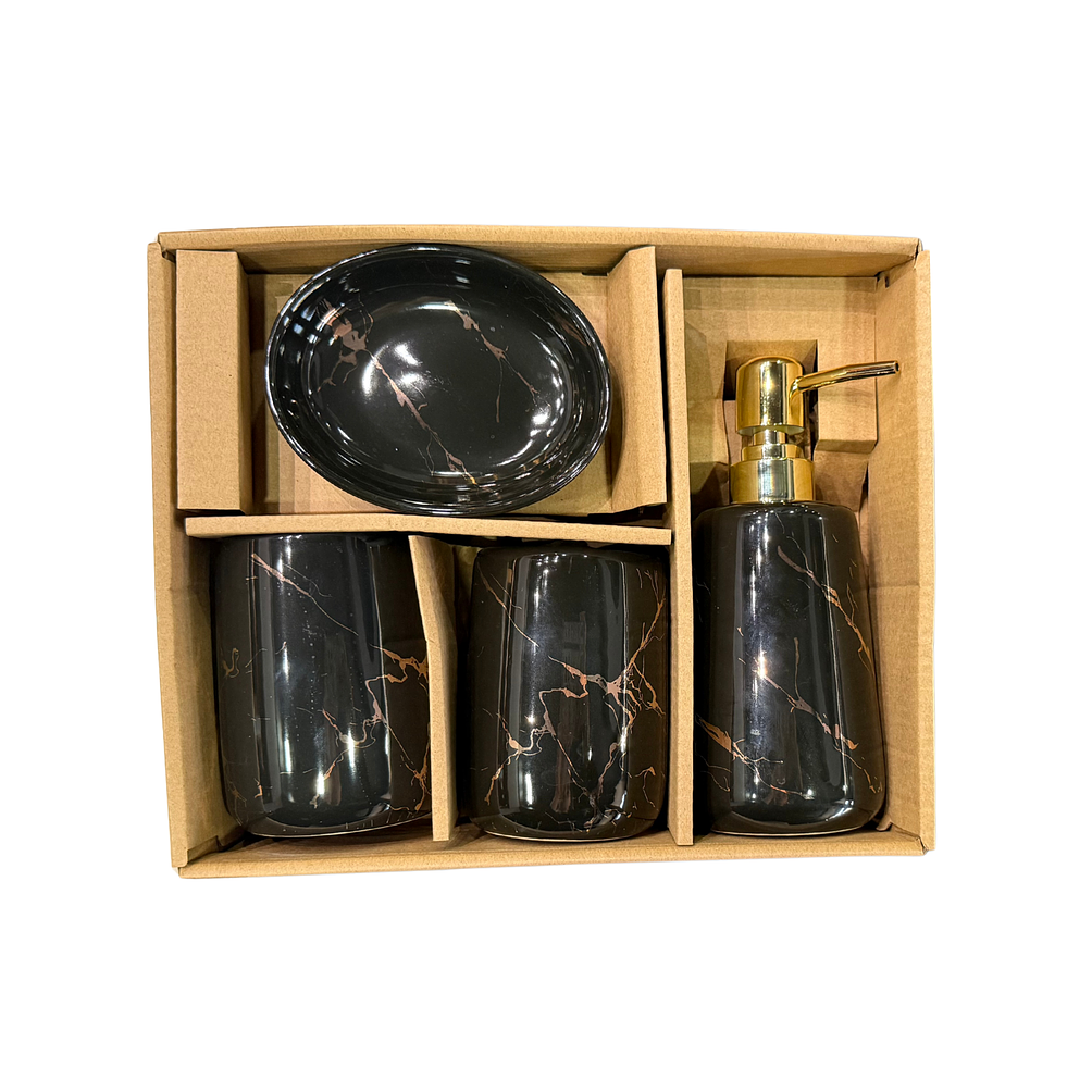 Set Accesorios de Baño 4 Piezas Cerámica Negro Marmoleado – Dispensador y Porta Cepillos 3