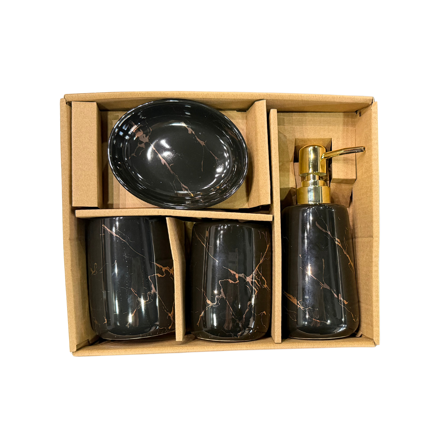 Set Accesorios de Baño 4 Piezas Cerámica Negro Marmoleado – Dispensador y Porta Cepillos 3