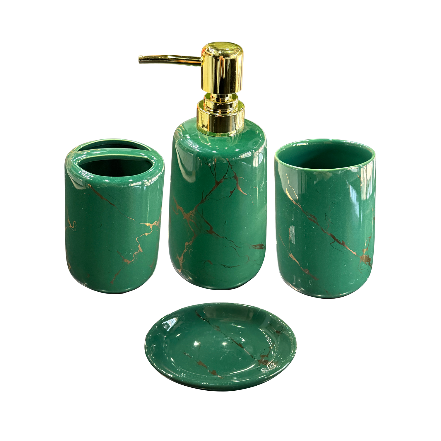  Set Accesorios De Baño 4 Piezas Cerámica Verde Marmoleado 400ML 1