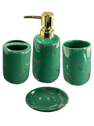  Set Accesorios De Baño 4 Piezas Cerámica Verde Marmoleado 400ML