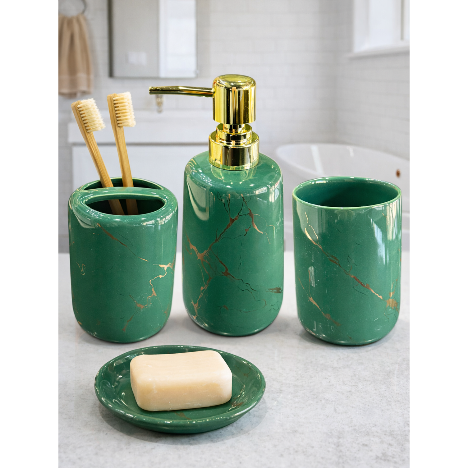  Set Accesorios De Baño 4 Piezas Cerámica Verde Marmoleado 400ML 2