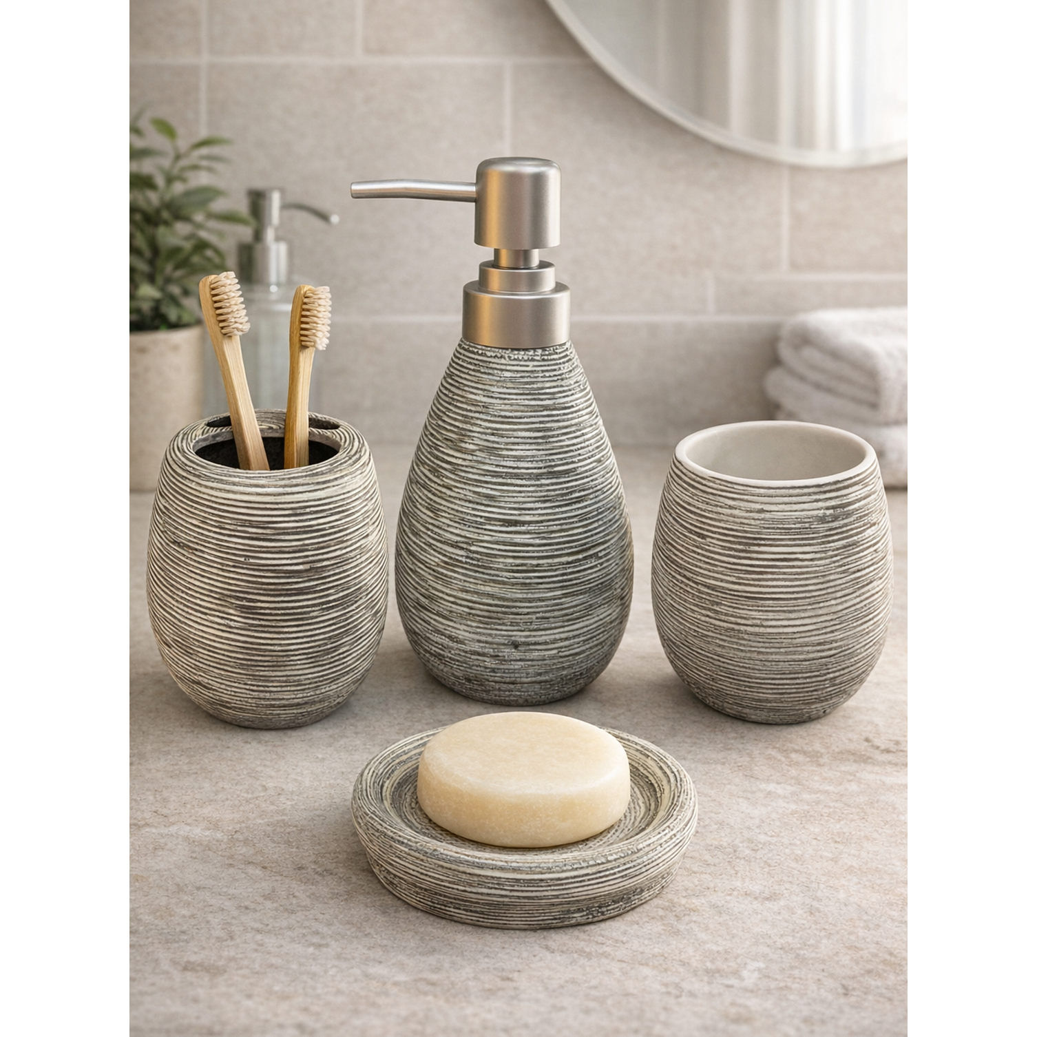 Set Accesorios De Baño 4 Piezas Cerámica Gris 380ML 2