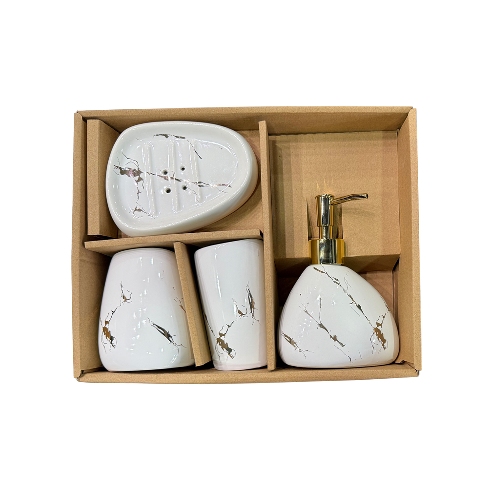 Set Accesorios de Baño 4 Piezas Cerámica Blanco Marmoleado – Dispensador y Porta Cepillos 3