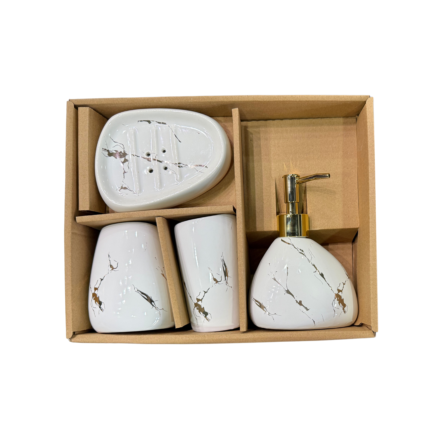 Set Accesorios de Baño 4 Piezas Cerámica Blanco Marmoleado – Dispensador y Porta Cepillos 3