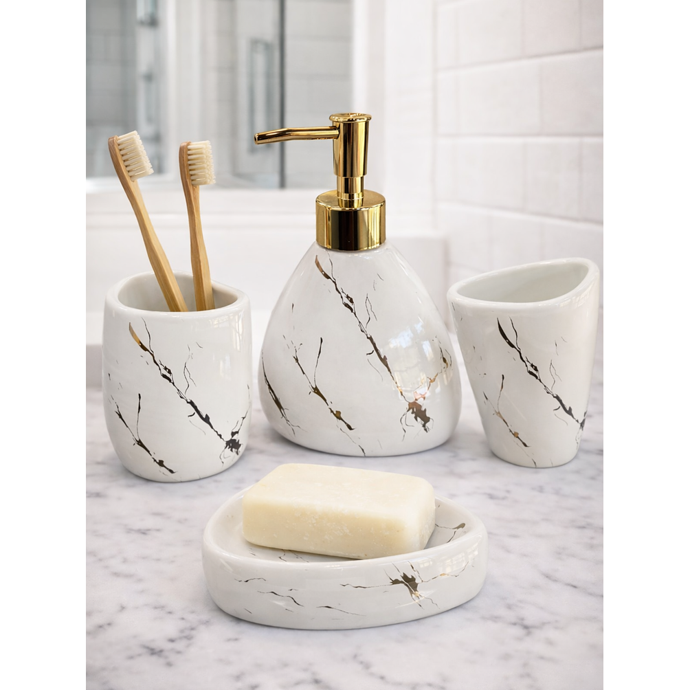 Set Accesorios de Baño 4 Piezas Cerámica Blanco Marmoleado – Dispensador y Porta Cepillos 2