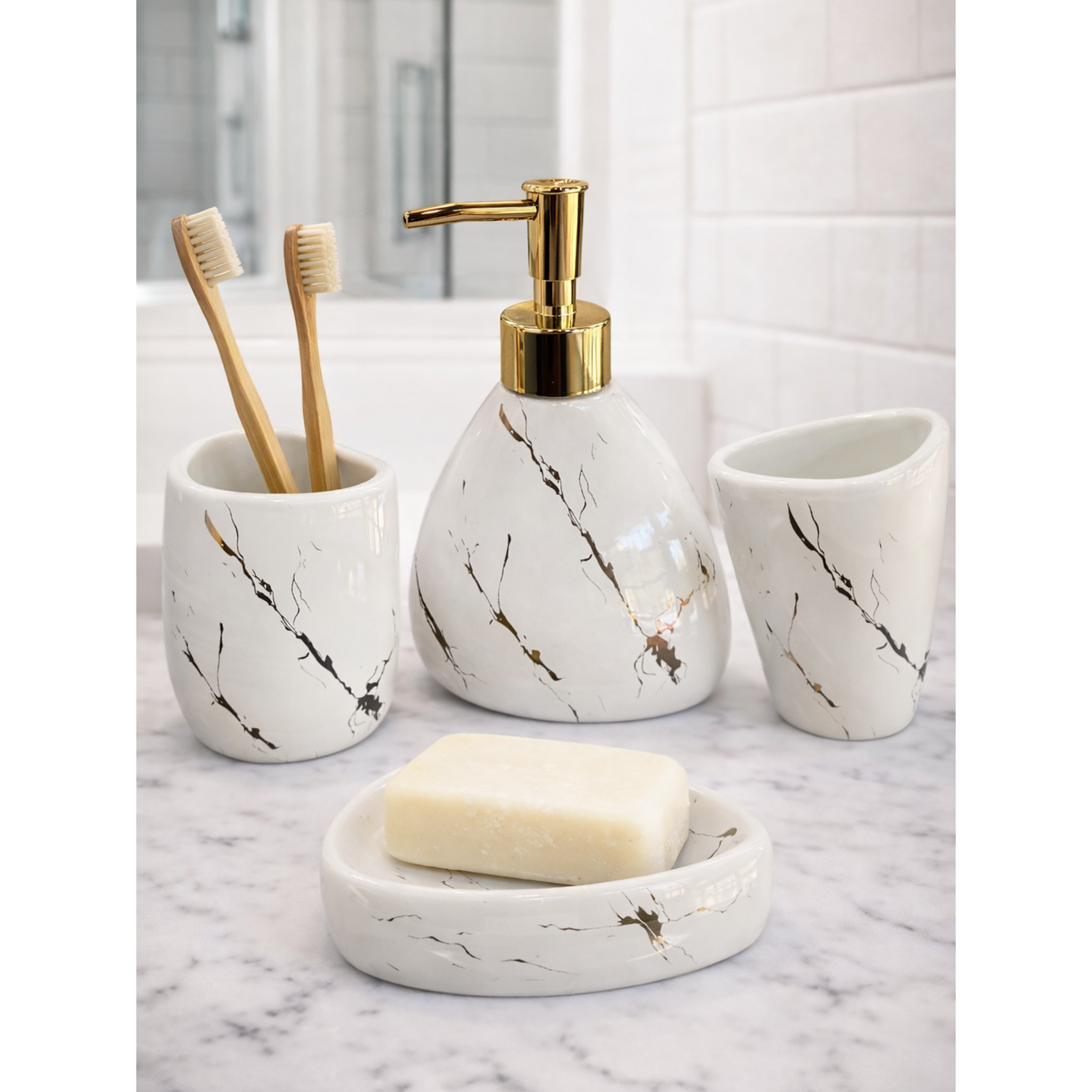 Set Accesorios de Baño 4 Piezas Cerámica Blanco Marmoleado – Dispensador y Porta Cepillos 2